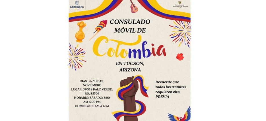 El Consulado de Colombia en Los Ángeles realizará un Consulado Móvil en Tucson Arizona los días 2 y 3 de noviembre de 2024