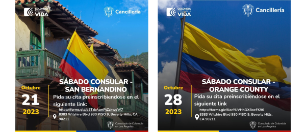 El Consulado de Colombia en Los Ángeles realizará jornadas de Sábado Consular exclusivas para connacionales residentes en la ciudad de San Bernardino el 21 de octubre y en el Condado de Orange el 28 de octubre de 2023